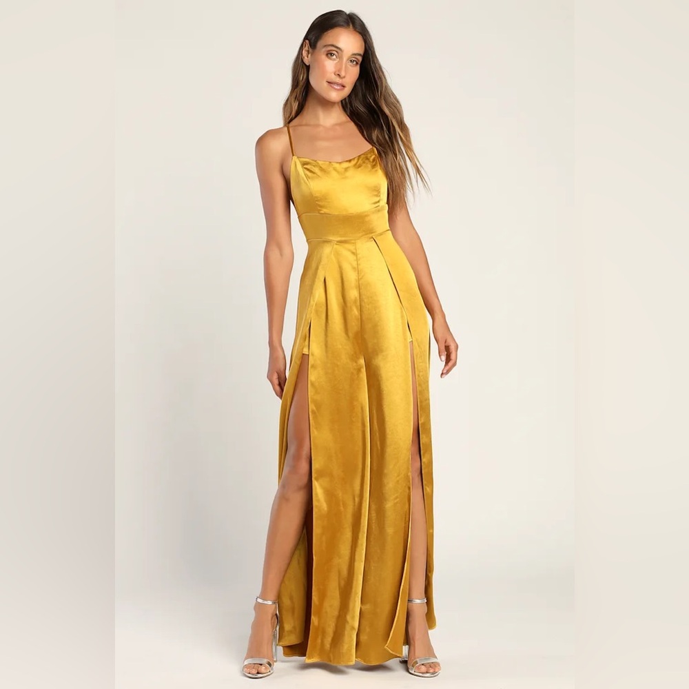NWT Mustard Yellow Satin Split-Leg Jumpsuit